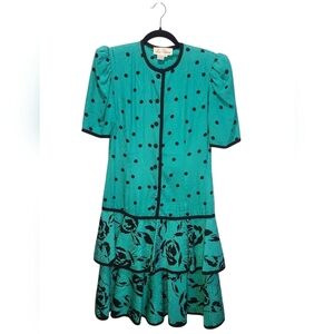 Vintage 100% Silk Teal and Black Polka Dot Dress